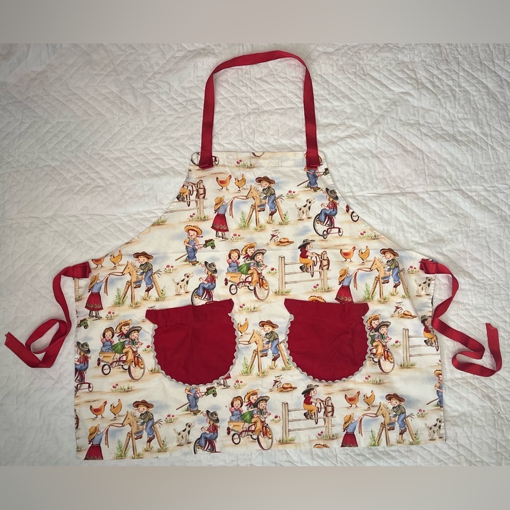 Handmade Cotton Kitschy Cottagecore Farm Children Apron Red White Brown